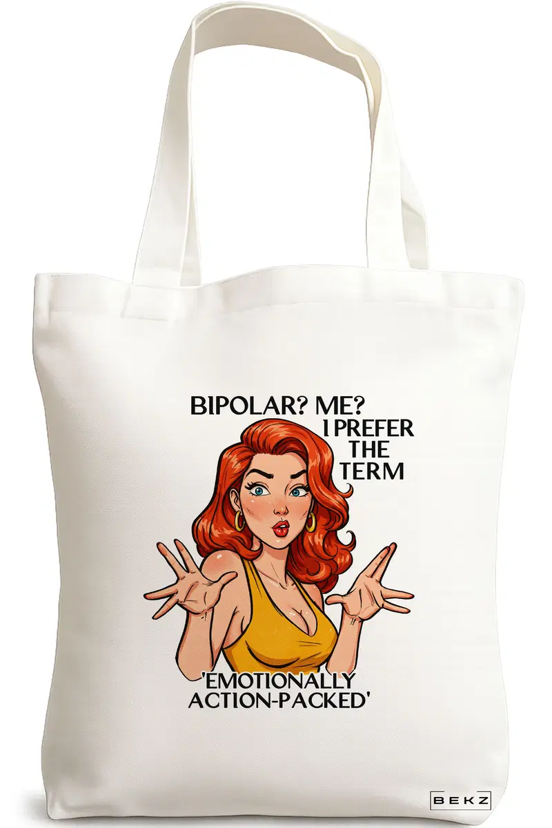Sacosa Cumparaturi Textila, Geanta Tote, model Bipolar Emotionally action-packed 38 x 34.5 cm, Alb, BEKZ®