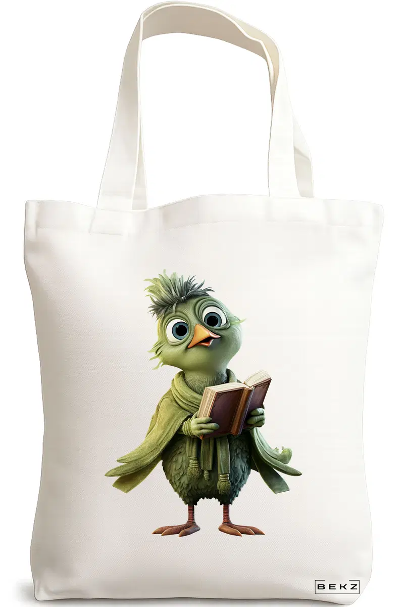 Sacosa Cumparaturi Textila, Geanta Tote, model Reading Birdie 1 38 x 34.5 cm, Alb, BEKZ®