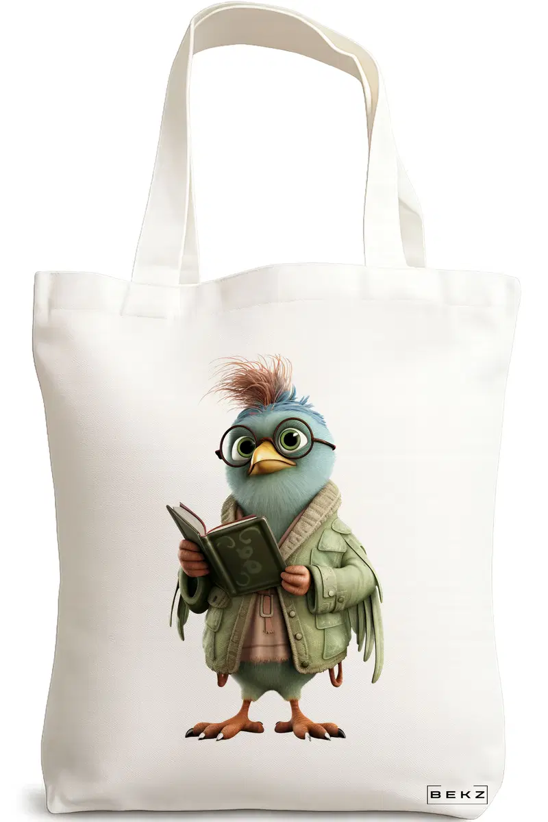 Sacosa Cumparaturi Textila, Geanta Tote, model Reading Birdie 2 38 x 34.5 cm, Alb, BEKZ®