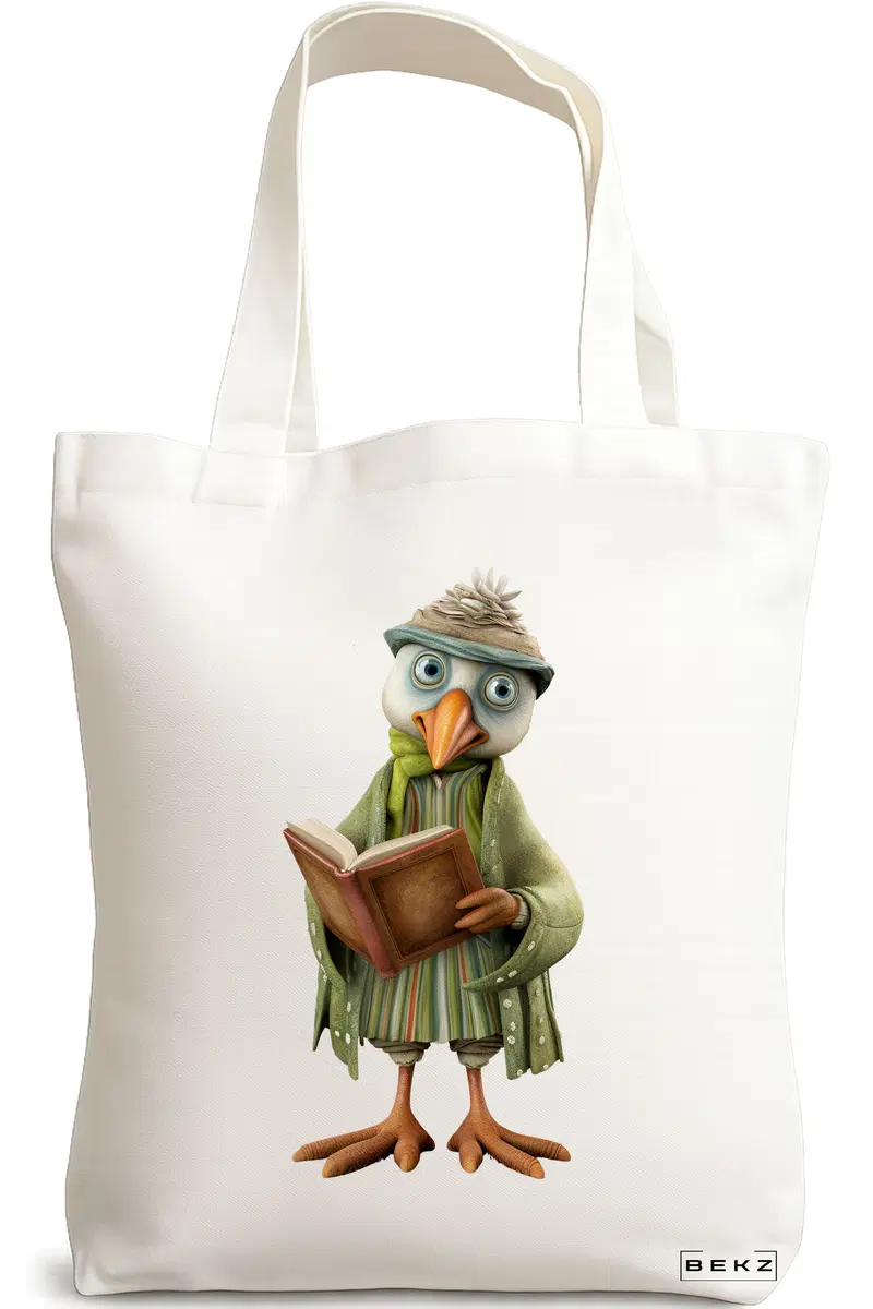 Sacosa Cumparaturi Textila, Geanta Tote, model Reading Birdie 3 38 x 34.5 cm, Alb, BEKZ®