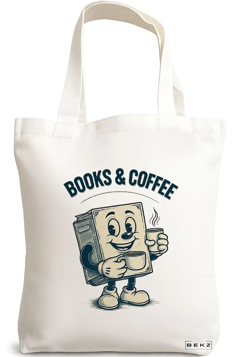 Sacosa Cumparaturi Textila, Geanta Tote, model Books & Coffee 38 x 34.5 cm, Alb, BEKZ®