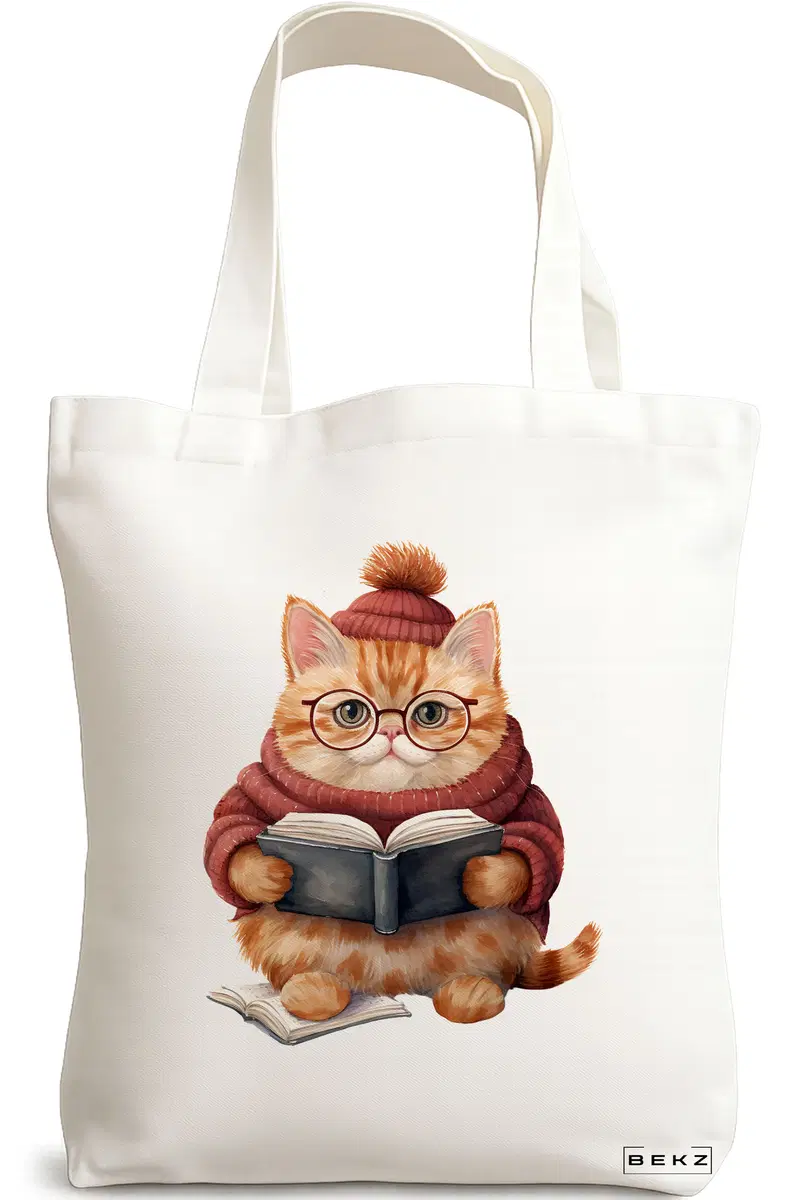 Sacosa Cumparaturi Textila, Geanta Tote, model Reading cat 1 38 x 34.5 cm, Alb, BEKZ®