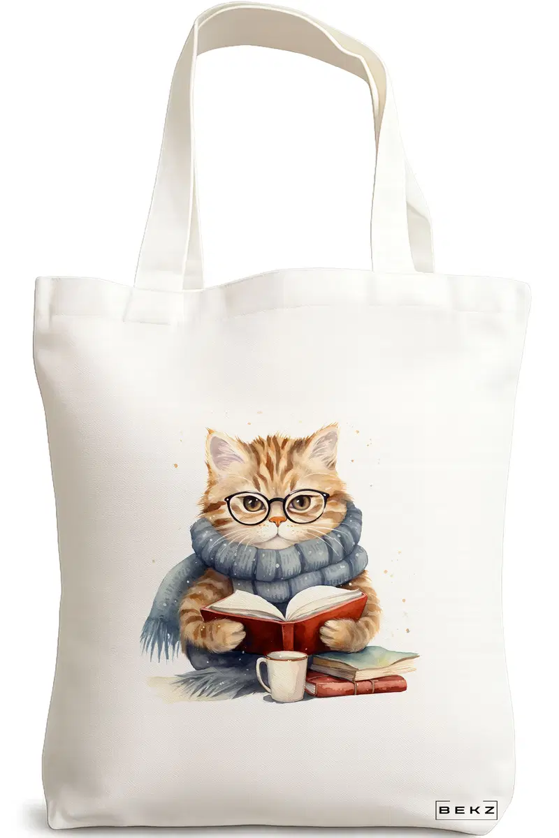 Sacosa Cumparaturi Textila, Geanta Tote, model Reading cat 2 38 x 34.5 cm, Alb, BEKZ®