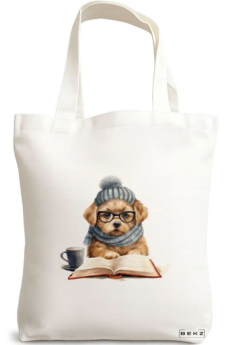 Sacosa Cumparaturi Textila, Geanta Tote, model Reading puppy 10 38 x 34.5 cm, Alb, BEKZ®