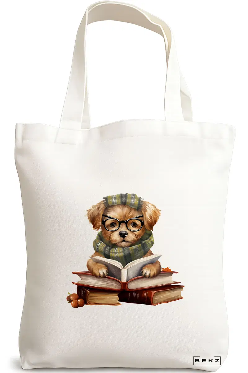Sacosa Cumparaturi Textila, Geanta Tote, model Reading puppy 11 38 x 34.5 cm, Alb, BEKZ®
