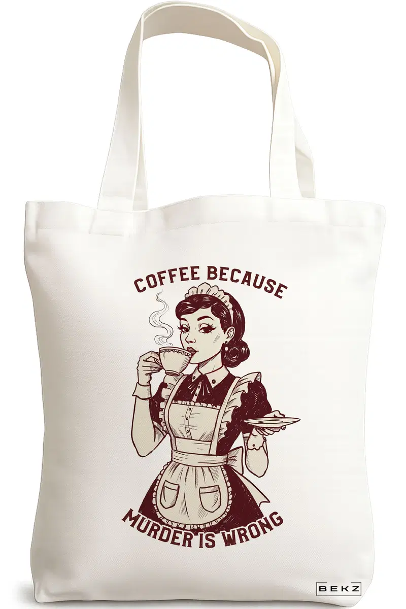 Sacosa Cumparaturi Textila, Geanta Tote, model Coffee because murder is wrong 38 x 34.5 cm, Alb, BEKZ®