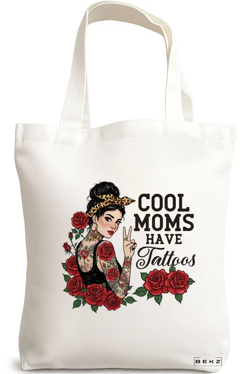 Sacosa Cumparaturi Textila, Geanta Tote, model Cool moms have tatoos 38 x 34.5 cm, Alb, BEKZ®