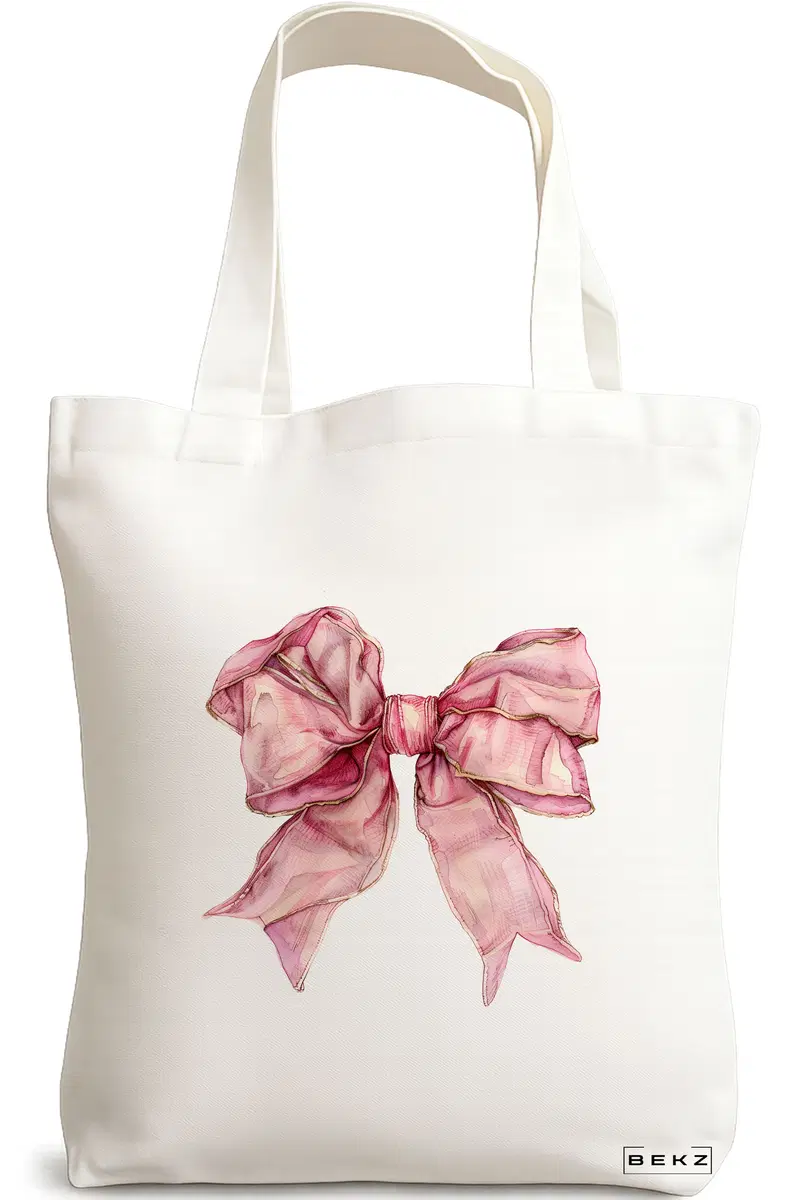 Sacosa Cumparaturi Textila, Geanta Tote, model Pink Bow 38 x 34.5 cm, Alb, BEKZ®