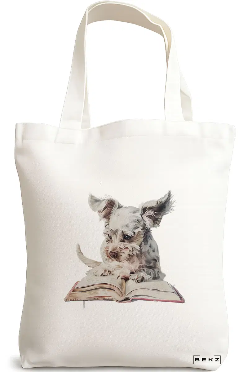 Sacosa Cumparaturi Textila, Geanta Tote, model Reading puppy 12 38 x 34.5 cm, Alb, BEKZ®
