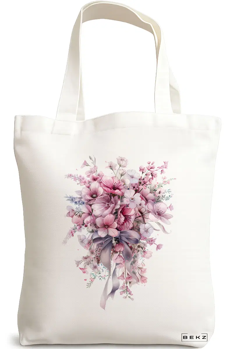 Sacosa Cumparaturi Textila, Geanta Tote, model Flowers 3 38 x 34.5 cm, Alb, BEKZ®