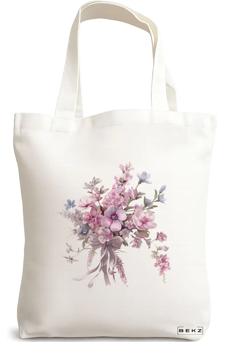 Sacosa Cumparaturi Textila, Geanta Tote, model Flowers 4 38 x 34.5 cm, Alb, BEKZ®