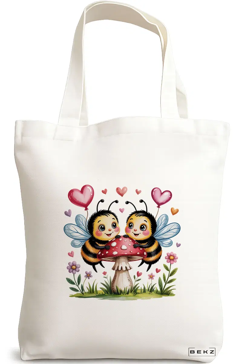 Sacosa Cumparaturi Textila, Geanta Tote, model Romantic Bees on Mushroom 38 x 34.5 cm, Alb, BEKZ®