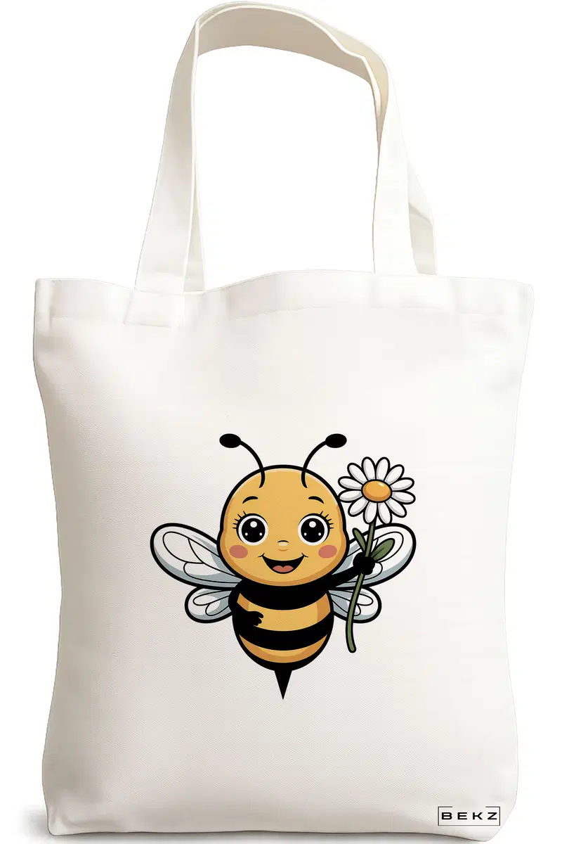 Sacosa Cumparaturi Textila, Geanta Tote, model Happy bee 38 x 34.5 cm, Alb, BEKZ®