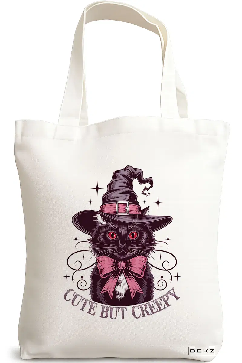 Sacosa Cumparaturi Textila, Geanta Tote, model Cute but creepy 38 x 34.5 cm, Alb, BEKZ®