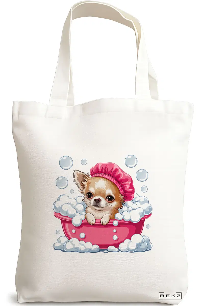 Sacosa Cumparaturi Textila, Geanta Tote, model Funny Puppy bathing 38 x 34.5 cm, Alb, BEKZ®