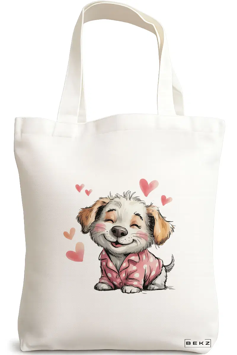 Sacosa Cumparaturi Textila, Geanta Tote, model Happy Puppy in love 38 x 34.5 cm, Alb, BEKZ®