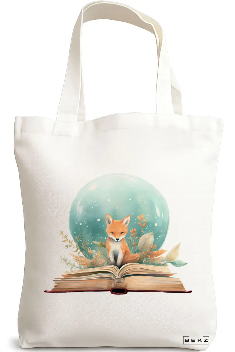Sacosa Cumparaturi Textila, Geanta Tote, model Foxy and books 38 x 34.5 cm, Alb, BEKZ®