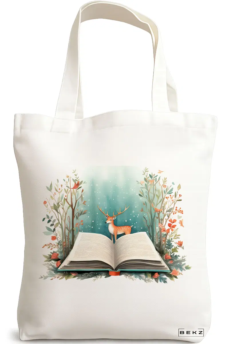 Sacosa Cumparaturi Textila, Geanta Tote, model Foxy and books 2 38 x 34.5 cm, Alb, BEKZ®