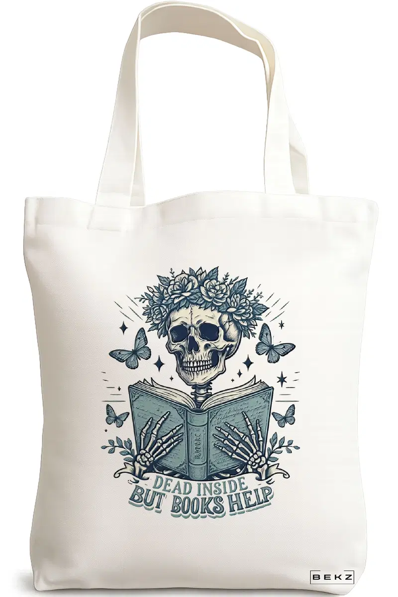 Sacosa Cumparaturi Textila, Geanta Tote, model Dead inside but books help 38 x 34.5 cm, Alb, BEKZ®