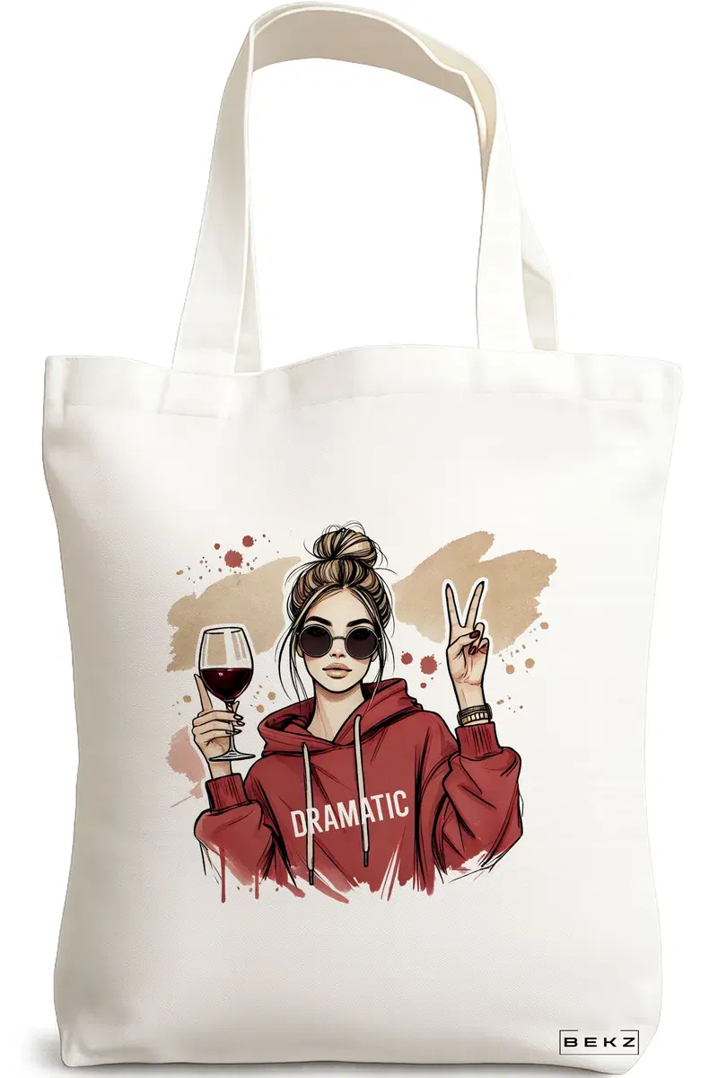 Sacosa Cumparaturi Textila, Geanta Tote, model The Dramatic girl 38 x 34.5 cm, Alb, BEKZ®