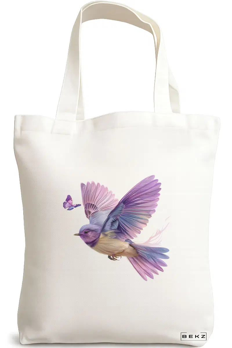 Sacosa Cumparaturi Textila, Geanta Tote, model Colorful Baby bird 38 x 34.5 cm, Alb, BEKZ®