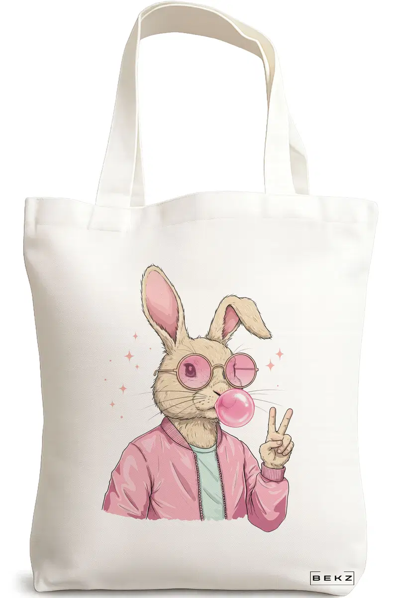 Sacosa Cumparaturi Textila, Geanta Tote, model Pinkie Peace 38 x 34.5 cm, Alb, BEKZ®