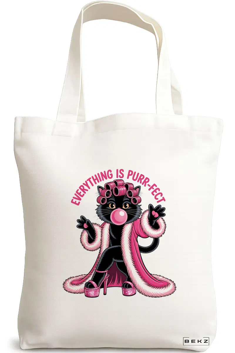 Sacosa Cumparaturi Textila, Geanta Tote, model Everything is purr-fect 38 x 34.5 cm, Alb, BEKZ®