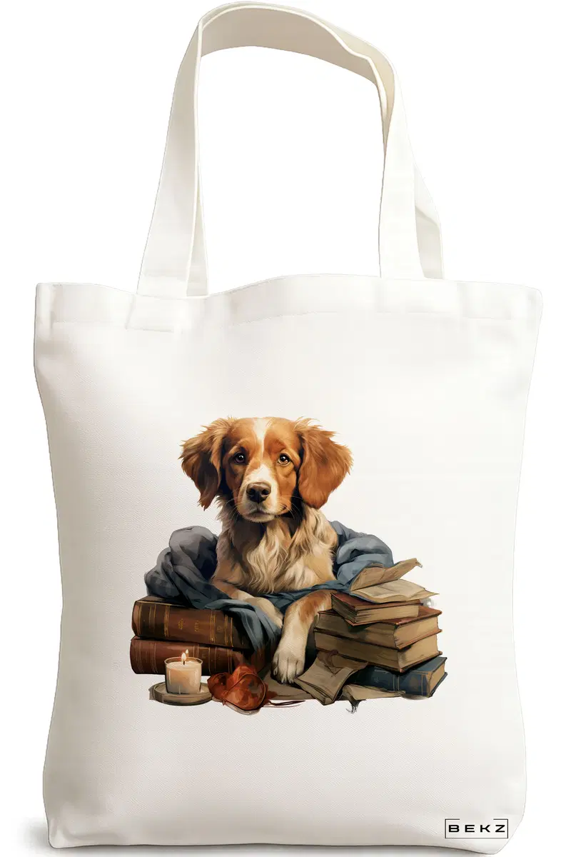 Sacosa Cumparaturi Textila, Geanta Tote, model Reading puppy 13 38 x 34.5 cm, Alb, BEKZ®