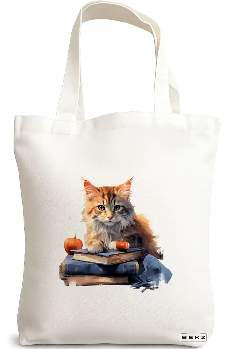 Sacosa Cumparaturi Textila, Geanta Tote, model Reading cat 3 38 x 34.5 cm, Alb, BEKZ®