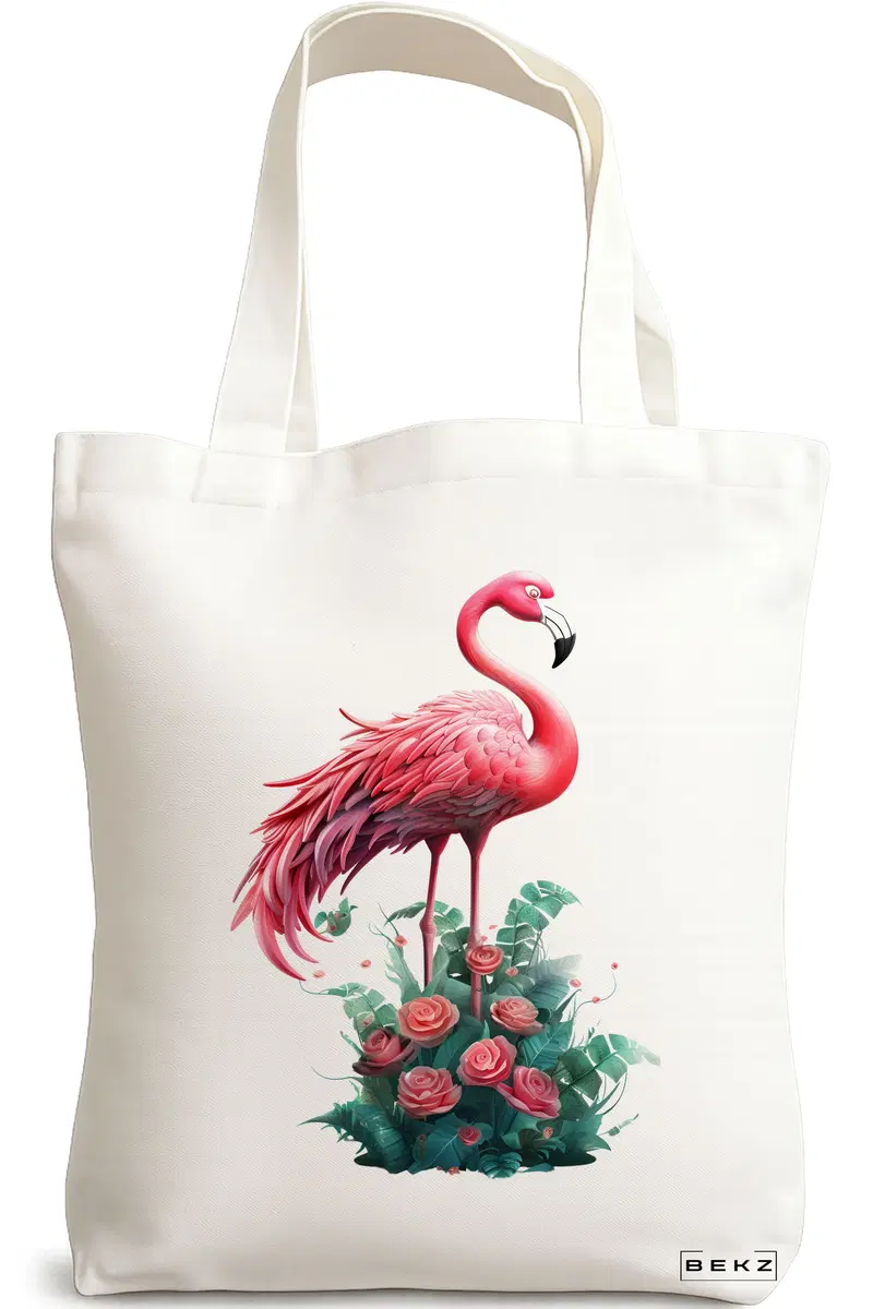 Sacosa Cumparaturi Textila, Geanta Tote, model Flamingo 38 x 34.5 cm, Alb, BEKZ®
