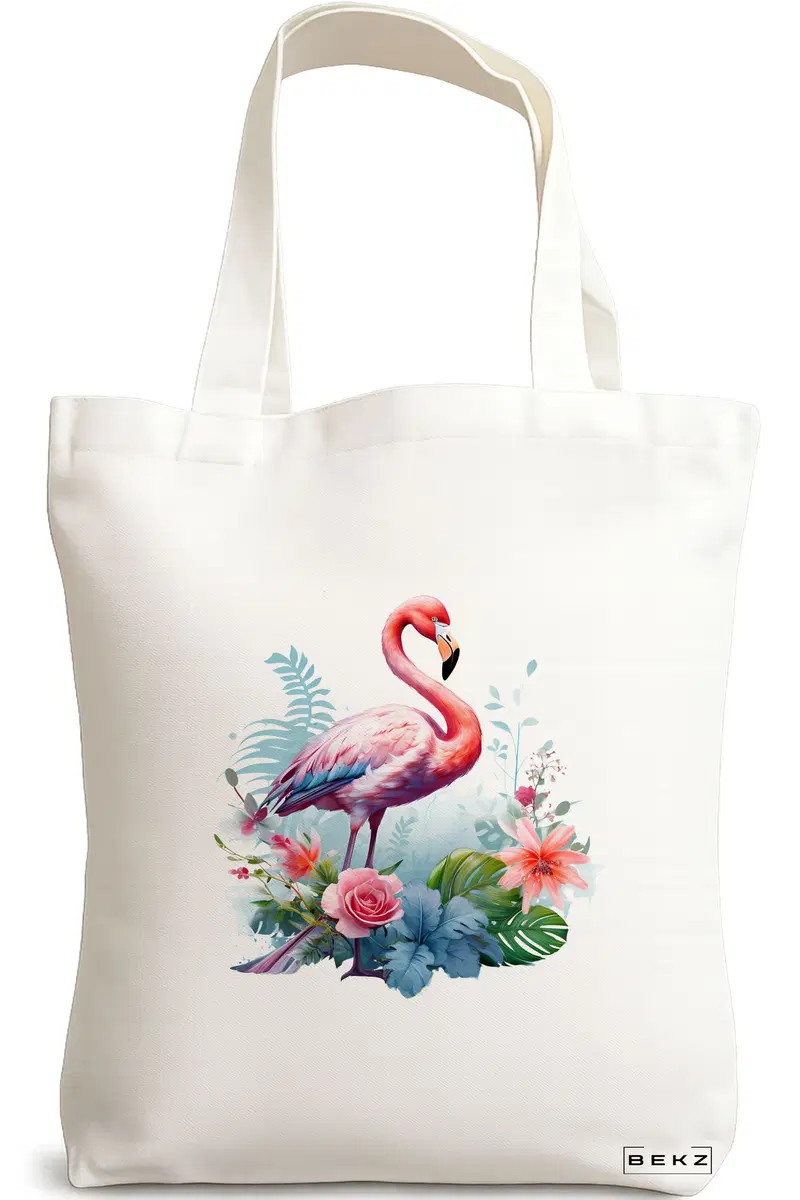 Sacosa Cumparaturi Textila, Geanta Tote, model Flamingo 4 38 x 34.5 cm, Alb, BEKZ®