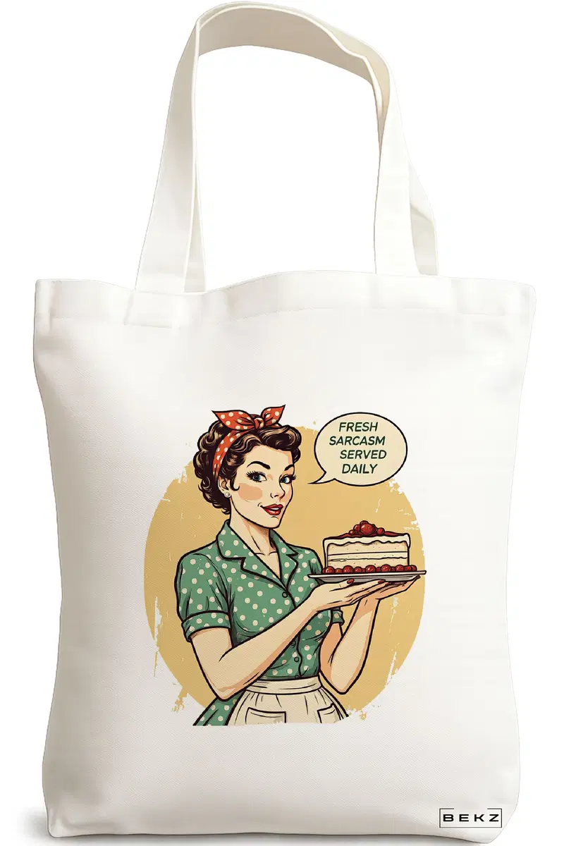 Sacosa Cumparaturi Textila, Geanta Tote, model Fresh sarcasm served daily 38 x 34.5 cm, Alb, BEKZ®