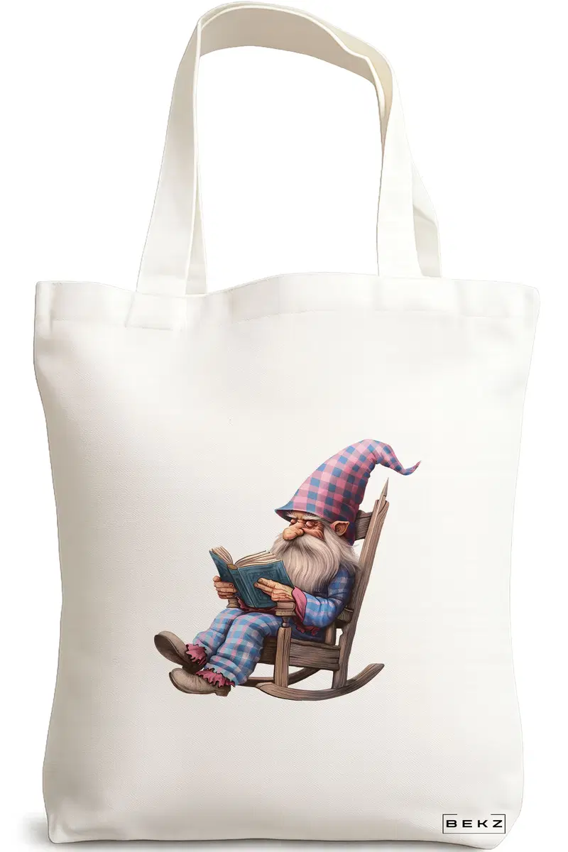 Sacosa Cumparaturi Textila, Geanta Tote, model The Bookish Gnome 38 x 34.5 cm, Alb, BEKZ®