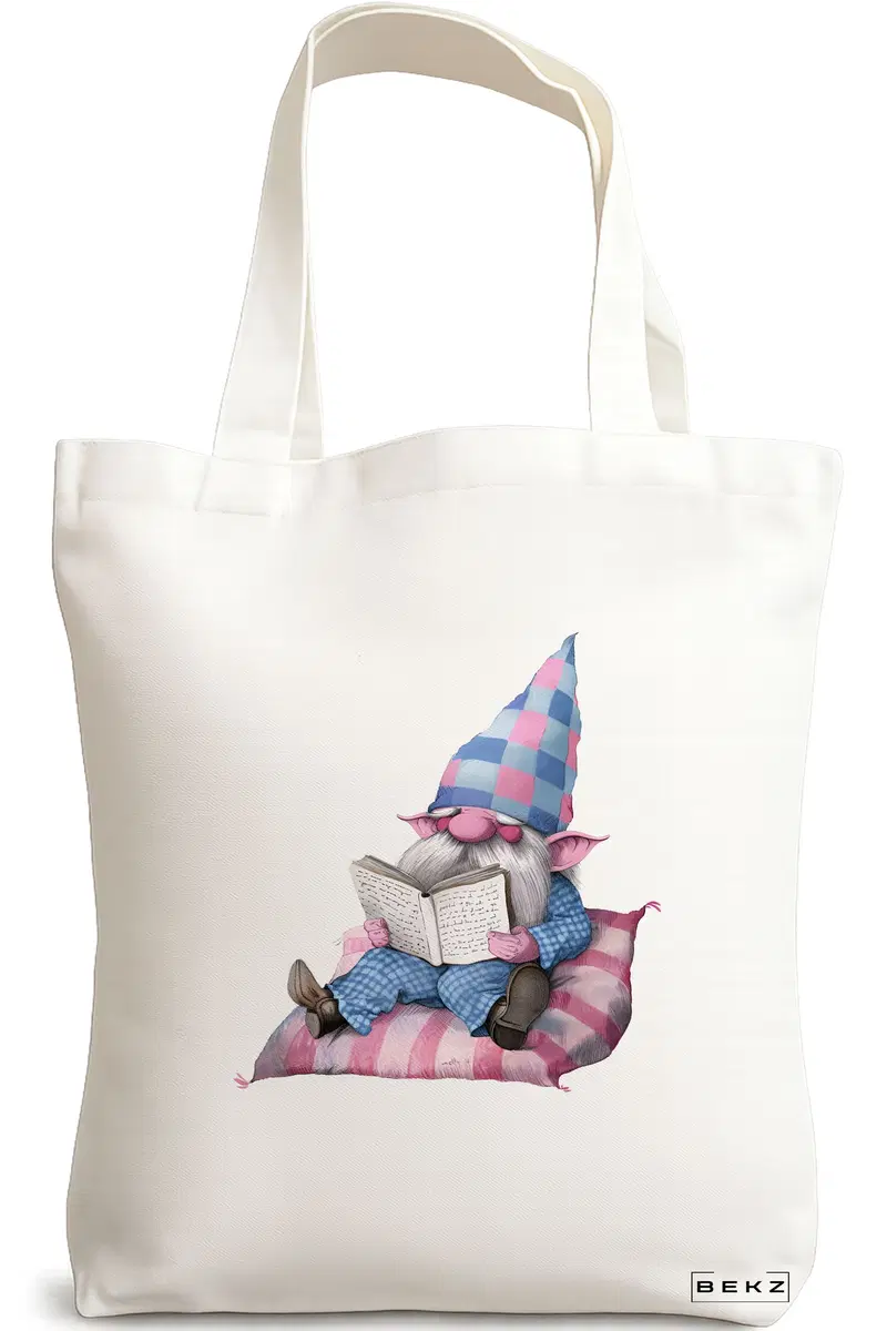Sacosa Cumparaturi Textila, Geanta Tote, model The Bookish Gnome 2 38 x 34.5 cm, Alb, BEKZ®