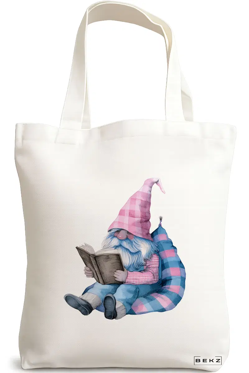 Sacosa Cumparaturi Textila, Geanta Tote, model The Bookish Gnome 3 38 x 34.5 cm, Alb, BEKZ®