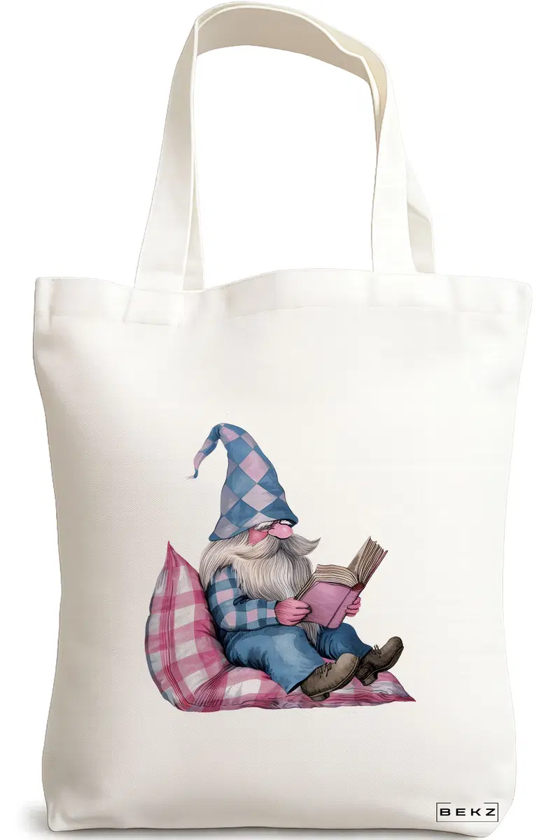 Sacosa Cumparaturi Textila, Geanta Tote, model The Bookish Gnome 4 38 x 34.5 cm, Alb, BEKZ®