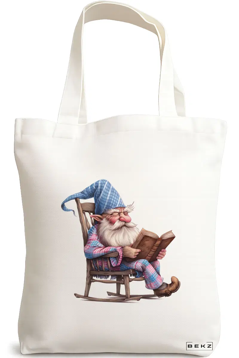 Sacosa Cumparaturi Textila, Geanta Tote, model The Bookish Gnome 5 38 x 34.5 cm, Alb, BEKZ®