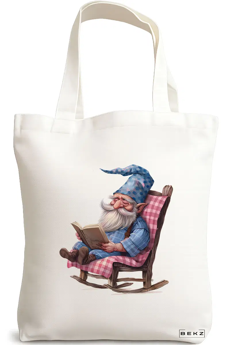 Sacosa Cumparaturi Textila, Geanta Tote, model The Bookish Gnome 6 38 x 34.5 cm, Alb, BEKZ®