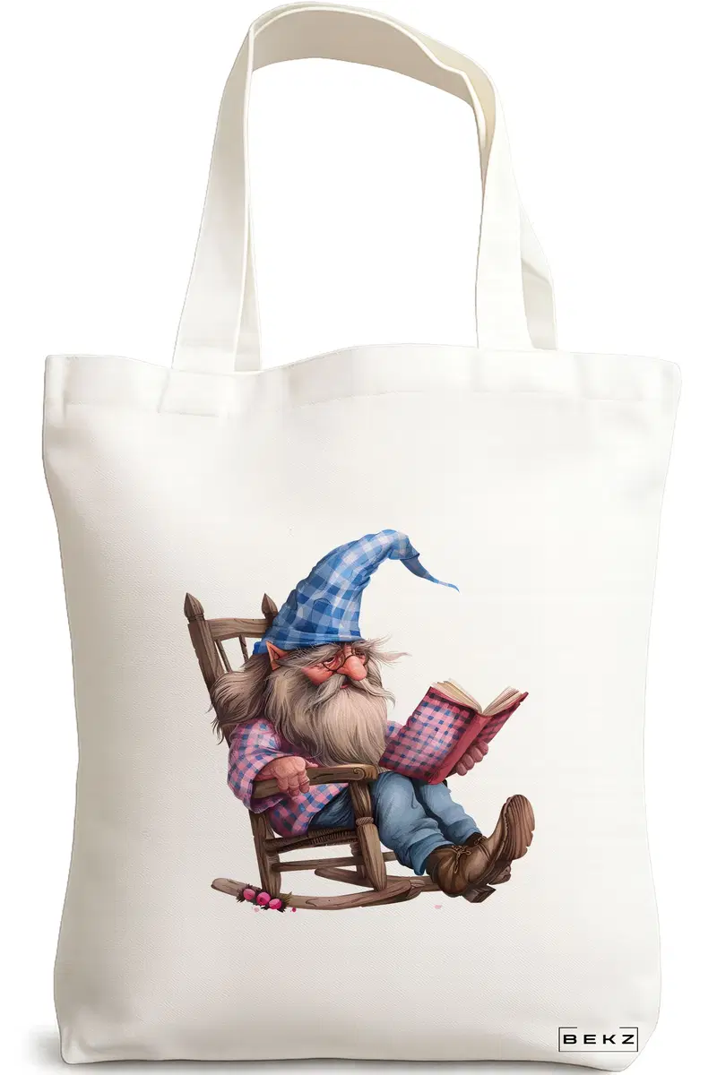 Sacosa Cumparaturi Textila, Geanta Tote, model The Bookish Gnome 7 38 x 34.5 cm, Alb, BEKZ®