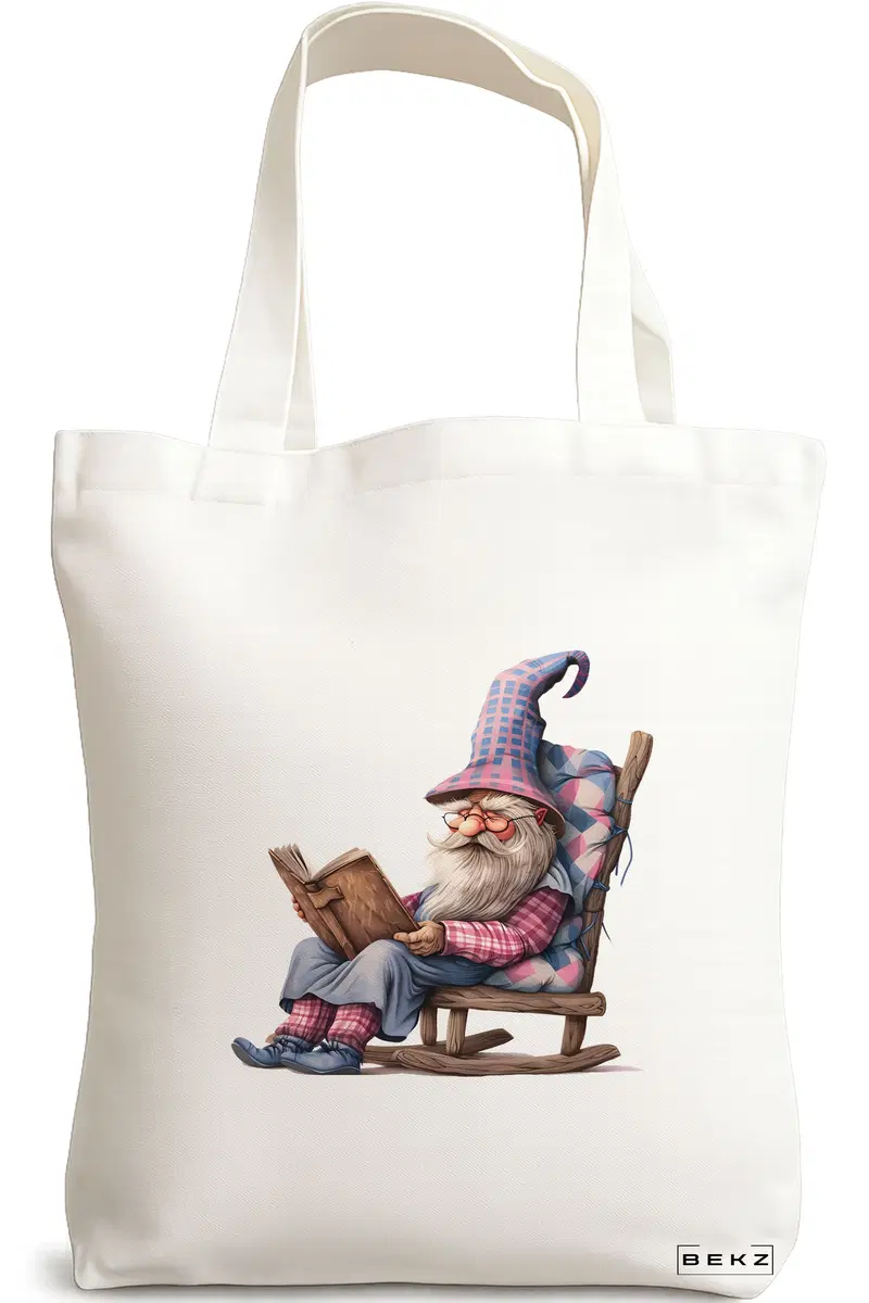 Sacosa Cumparaturi Textila, Geanta Tote, model The Bookish Gnome 8 38 x 34.5 cm, Alb, BEKZ®