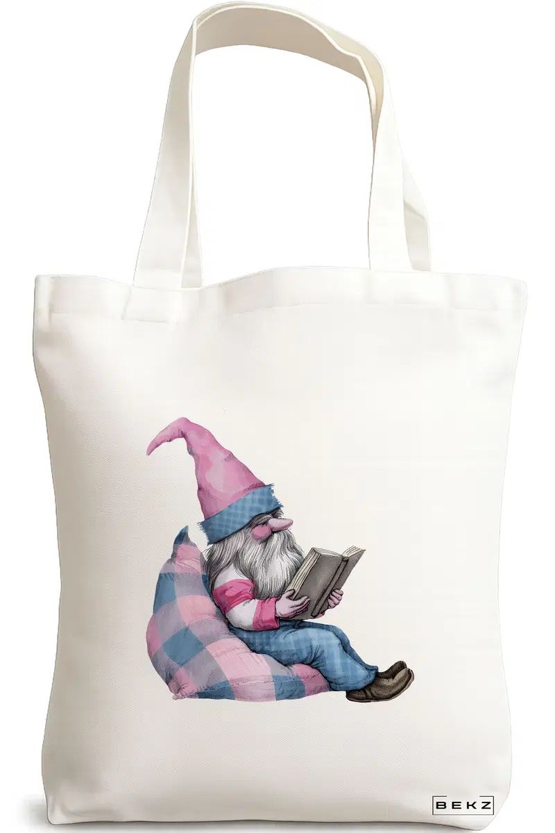 Sacosa Cumparaturi Textila, Geanta Tote, model The Bookish Gnome 9 38 x 34.5 cm, Alb, BEKZ®