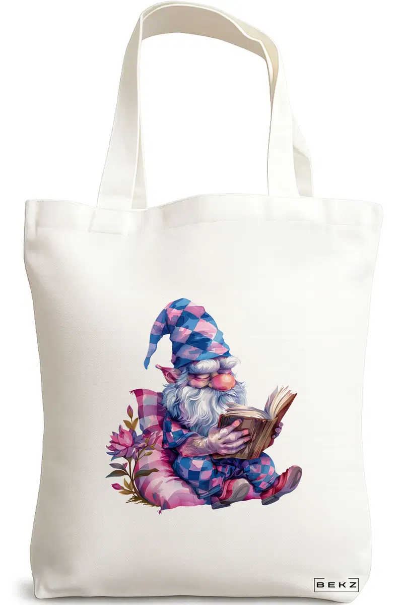Sacosa Cumparaturi Textila, Geanta Tote, model The Bookish Gnome 10 38 x 34.5 cm, Alb, BEKZ®