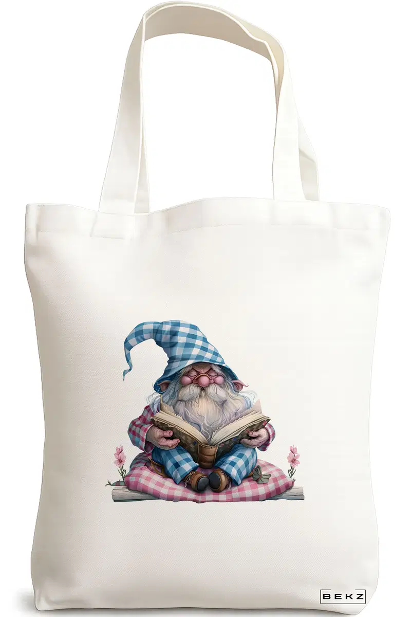 Sacosa Cumparaturi Textila, Geanta Tote, model The Bookish Gnome 13 38 x 34.5 cm, Alb, BEKZ®