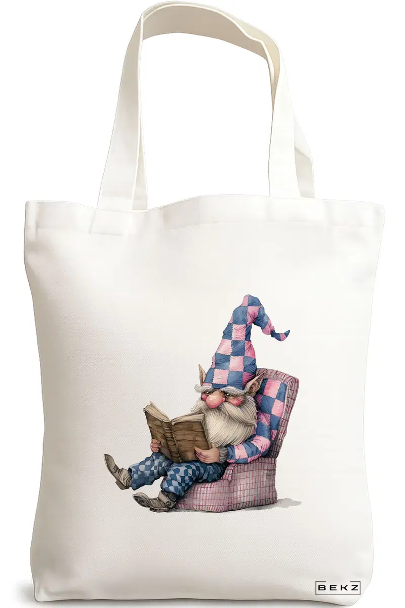 Sacosa Cumparaturi Textila, Geanta Tote, model The Bookish Gnome 14 38 x 34.5 cm, Alb, BEKZ®