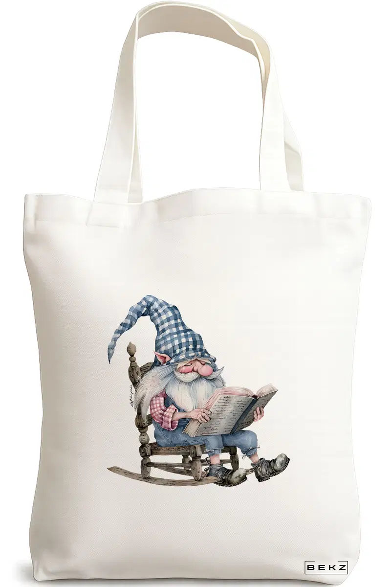 Sacosa Cumparaturi Textila, Geanta Tote, model The Bookish Gnome 15 38 x 34.5 cm, Alb, BEKZ®
