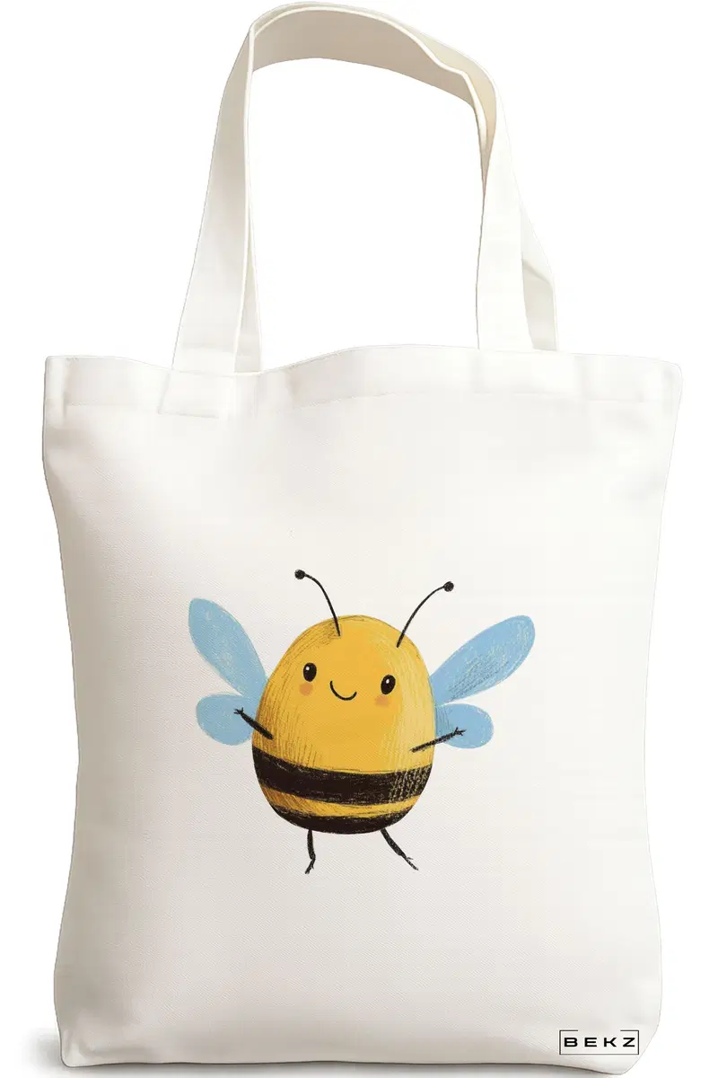 Sacosa Cumparaturi Textila, Geanta Tote, model The happy bee 38 x 34.5 cm, Alb, BEKZ®