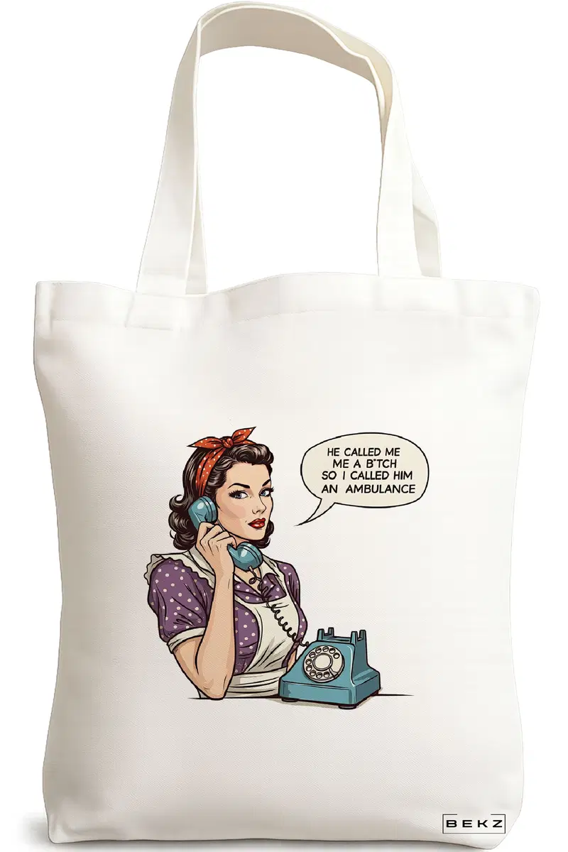 Sacosa Cumparaturi Textila, Geanta Tote, model The phone girl 38 x 34.5 cm, Alb, BEKZ®