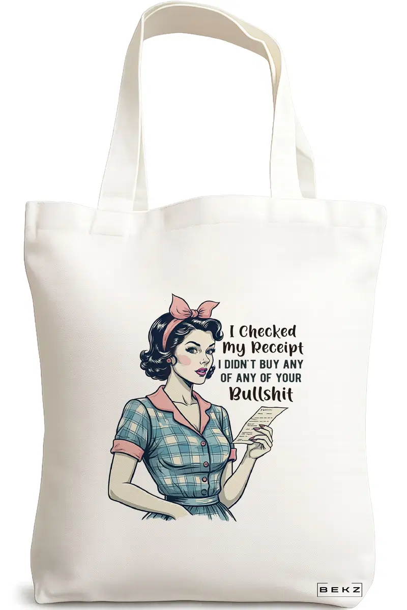 Sacosa Cumparaturi Textila, Geanta Tote, model I checked my receipt 38 x 34.5 cm, Alb, BEKZ®