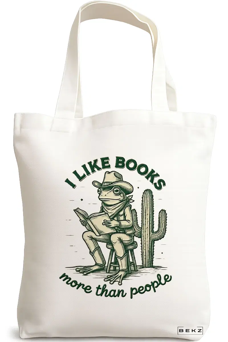 Sacosa Cumparaturi Textila, Geanta Tote, model I like books more than people 38 x 34.5 cm, Alb, BEKZ®
