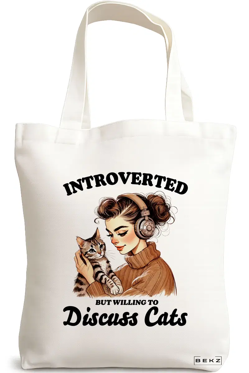Sacosa Cumparaturi Textila, Geanta Tote, model Introverted but willing to discuss cats 38 x 34.5 cm, Alb, BEKZ®